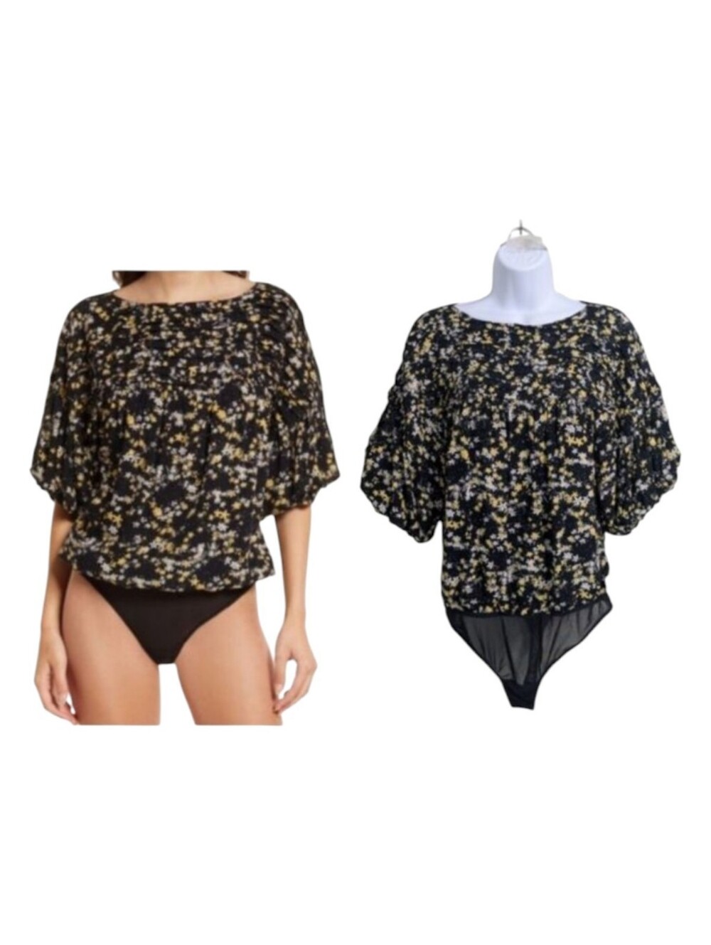 Free People Intimately Dessa Bodysuit Sz S Black Floral Lace-Up Back Puff Sleeve
